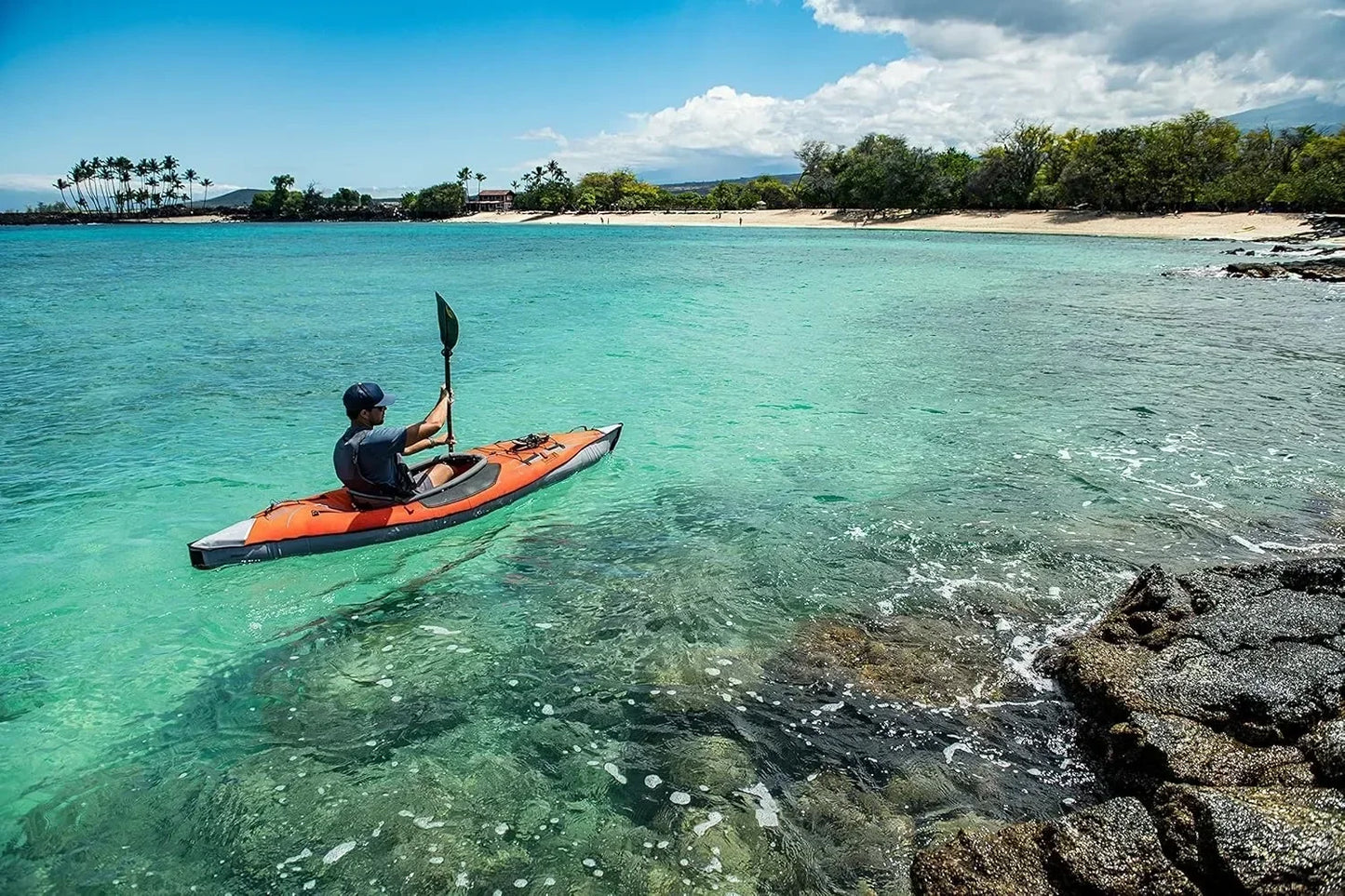 Frame Inflatable Kayak with Bag and Pump Simply unfold inflate and attach the seat Looks and paddles similar to hard-shell kayak