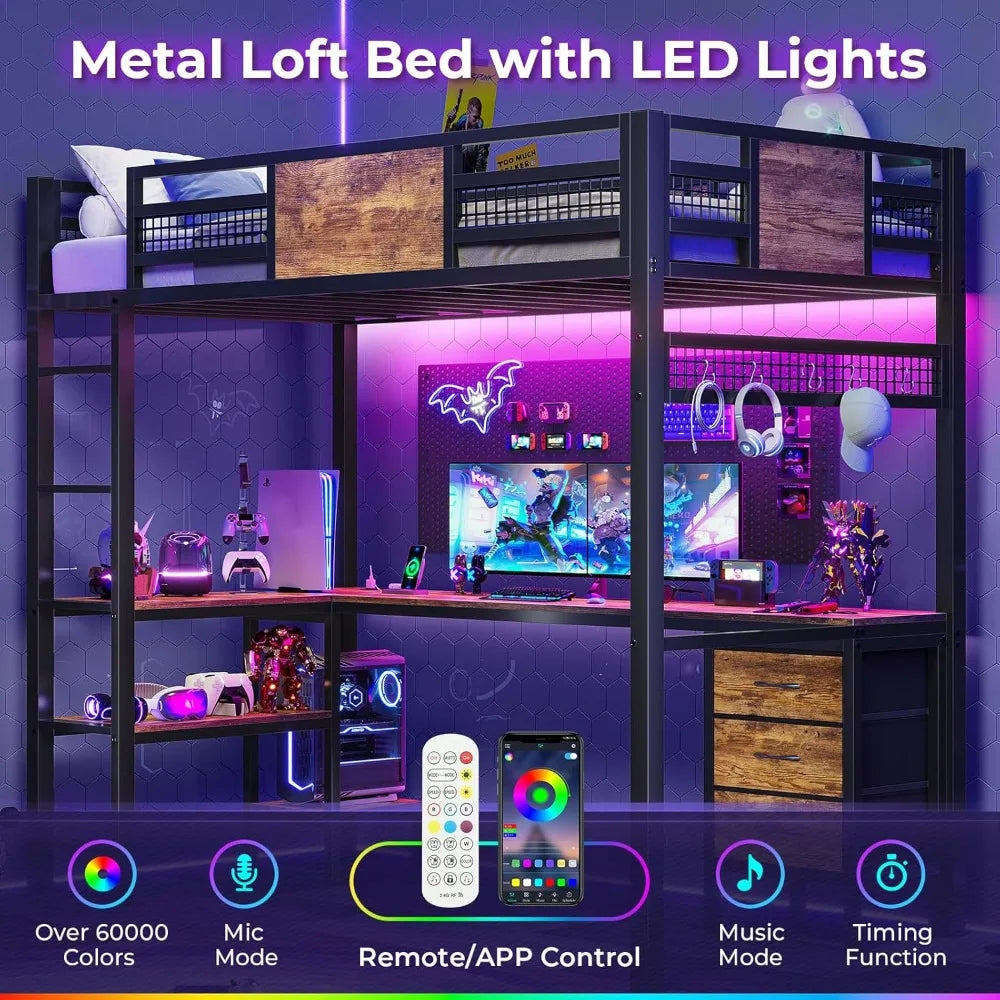 Loft Bed Twin Size with L-Shaped Desk, LED Lights,Charging Station, Twin Metal Loft Bed Frame with Fabric Drawers & Shelve,13.4H