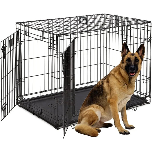 48-Inch Double Door Folding Metal Dog Crate with Divider and Leak-Proof Pan - for Medium To Large Breed Dogs. Cages