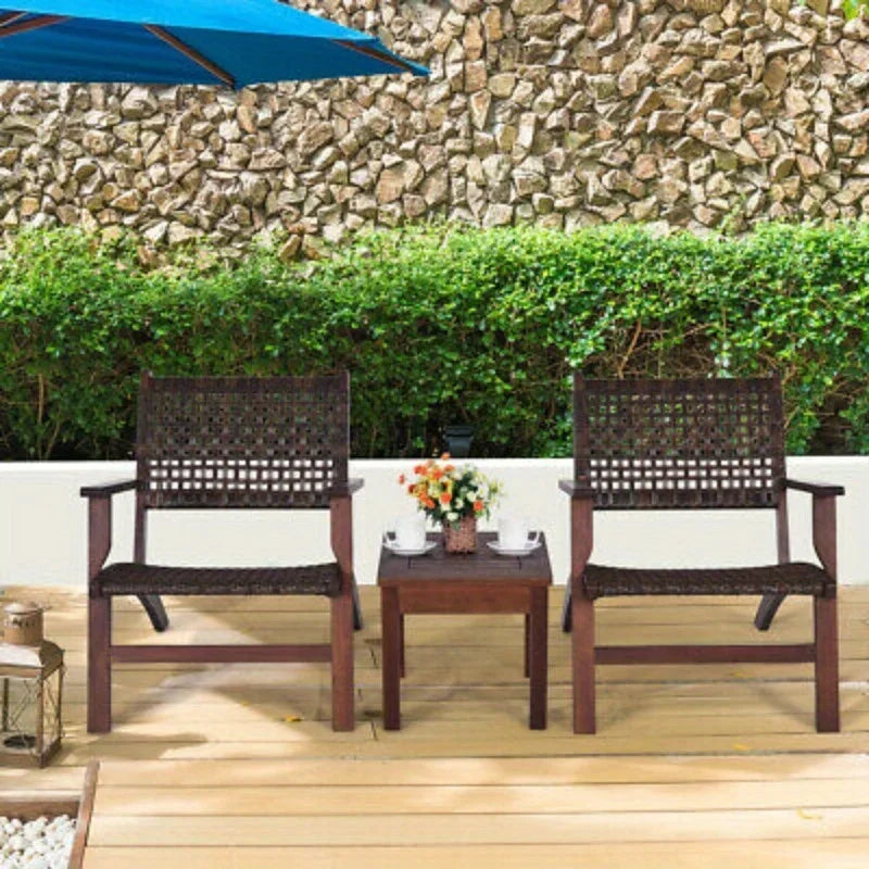 3PCS outdoor terrace rattan furniture set solid wood frame chair coffee table