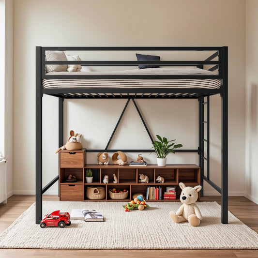 HOOMIC Modern Twin Size Metal Loft Bed Frame with Full-Length Guardrail, Removable Ladder, Space-Saving Design Allewie