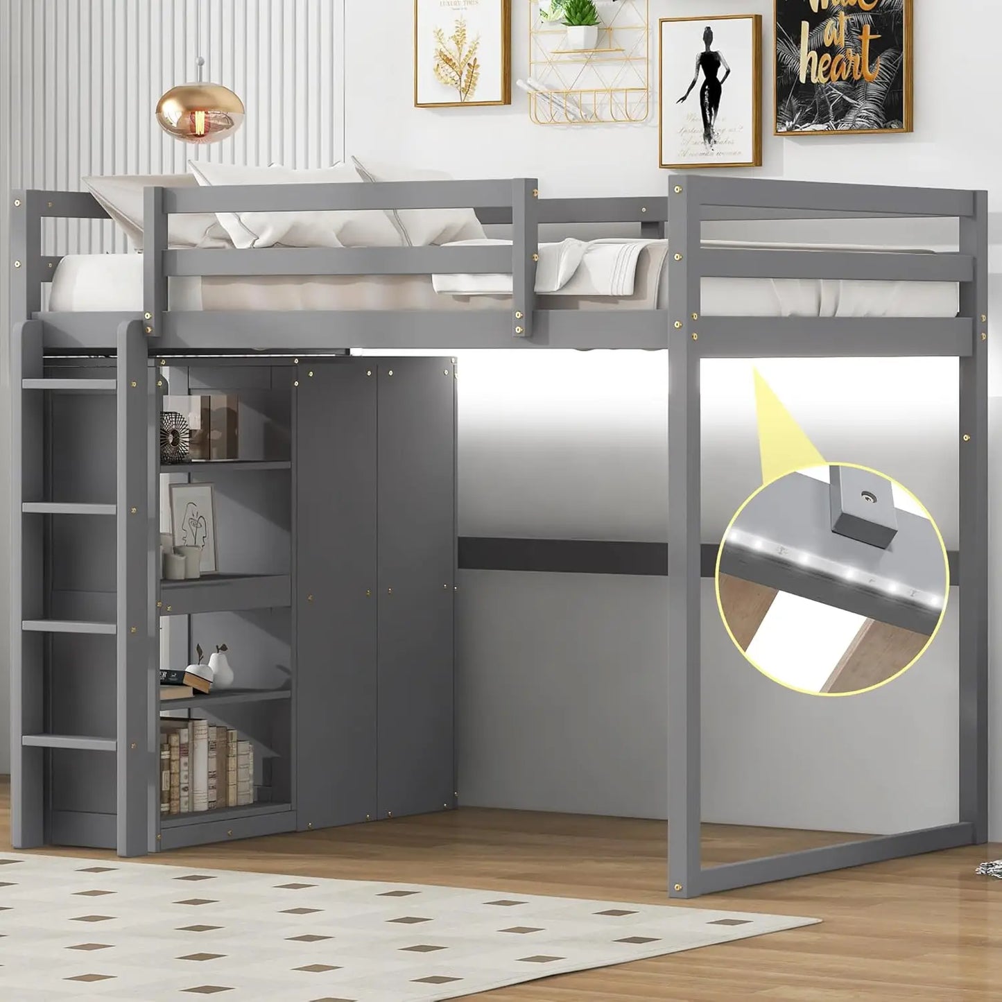 Loft Bed,Full Size Loft Bed with Storage Staircase and Hanger for Clothes, High Loft Bed Frame for Kids Teens Girls Boys Bedroom