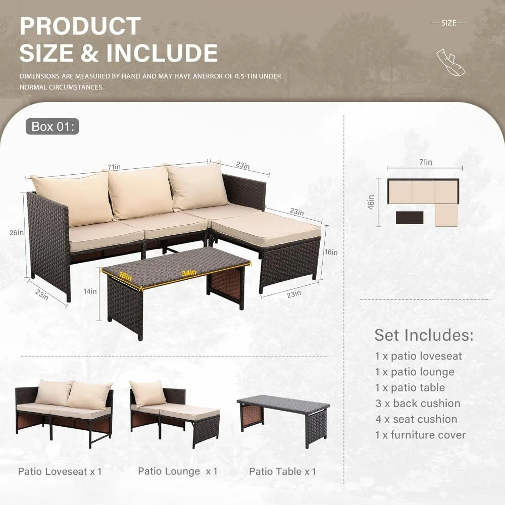 3 Piece Patio Set Outdoor Furniture Set Patio Parlor Set Outdoor Sectional with Non-Slip Cushions, Khaki