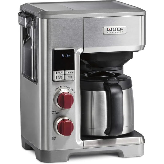 WOLF GOURMET Programmable Coffee Maker System with 10 Cup Thermal Carafe, Built-In Grounds Scale, Removable Reservoir, Red Knob