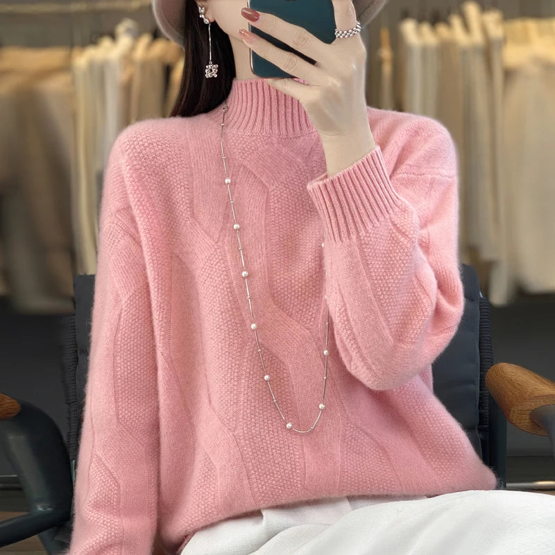 Women's pullovers fall/winter high-quality soft 100% merino wool sweater with half high neck and thick cashmere sweater top