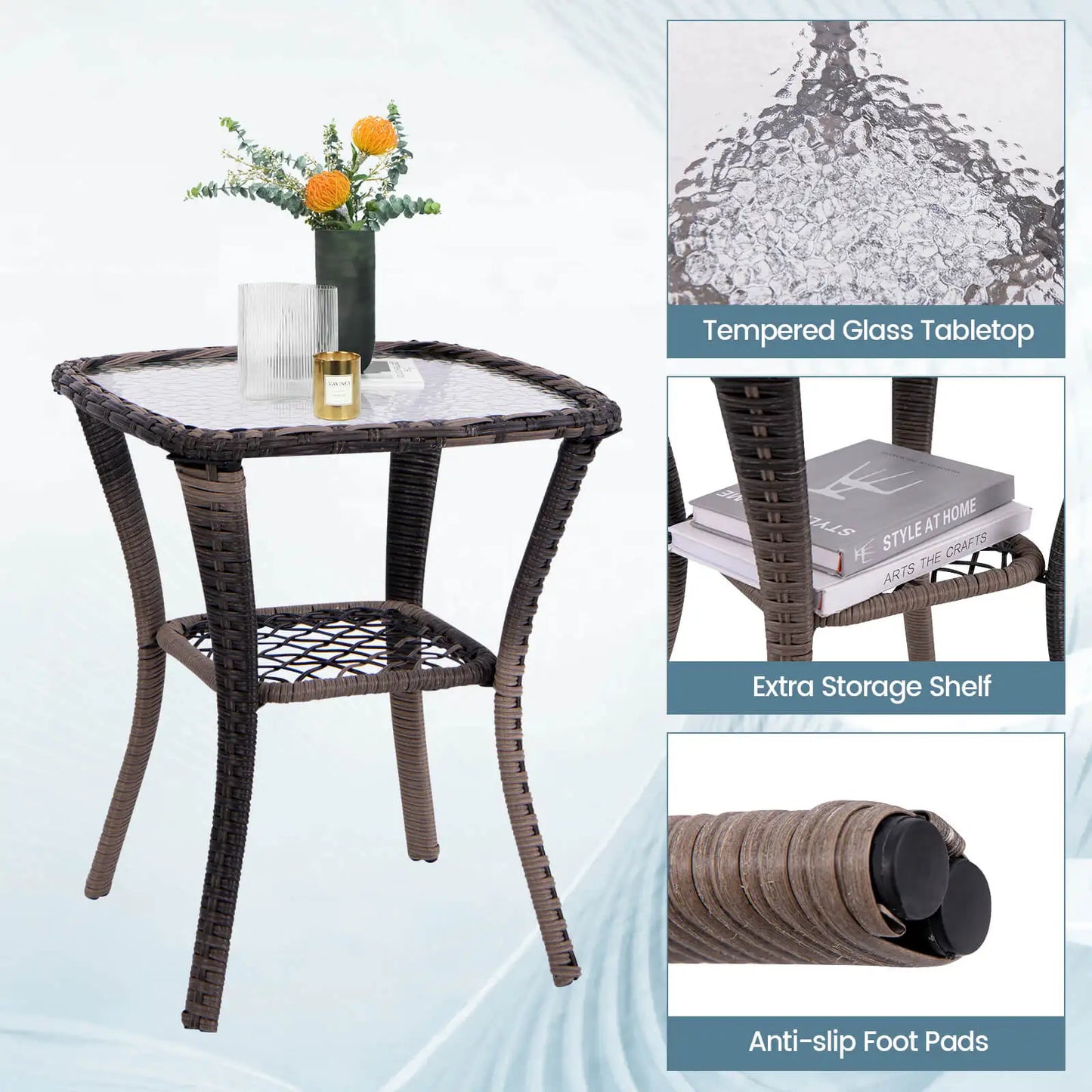3 PCS Patio Furniture Set Rocking Chairs Set of 2 with Glass Top Side Table
