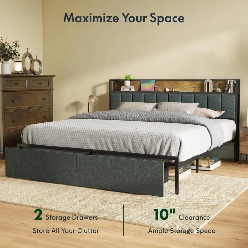 Bed Frame with Storage Headboard, Built-in Charging Station & LED Lights – Sturdy Platform Bed with Drawers