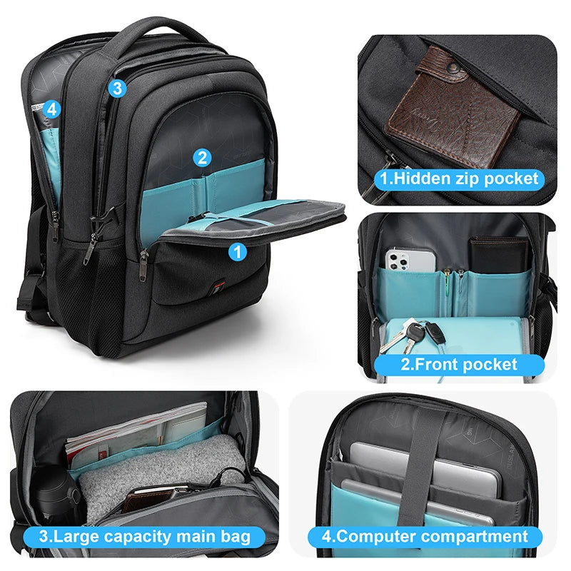 Men's 17.3 Inch Laptop Backpack for Travel College Backpack Waterproof Notebook Business Shoulder Bag With USB Charging Port