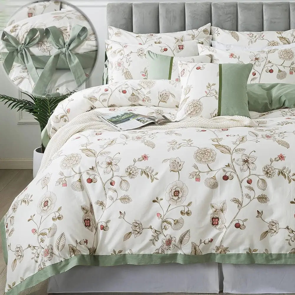 Floral Duvet Cover Queen 100% Cotton Blue Green Farmhouse Bedding Super Soft Reversible Striped Country Bed Purple Hydrangea