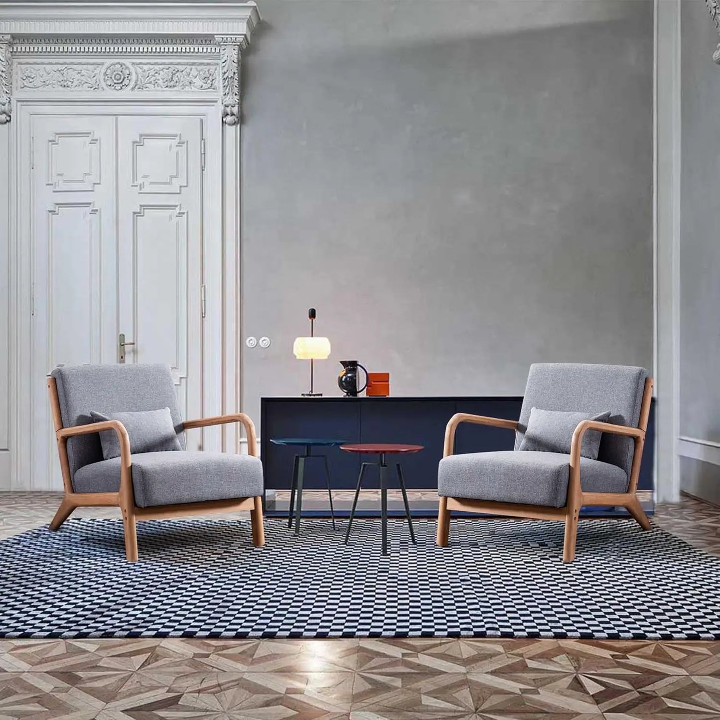 Mid Century Modern Accent Chairs Set of 2, Single Fabric Lounge Reading Armchair with Solid Wood Frame,Easy Assembly Arm Chairs