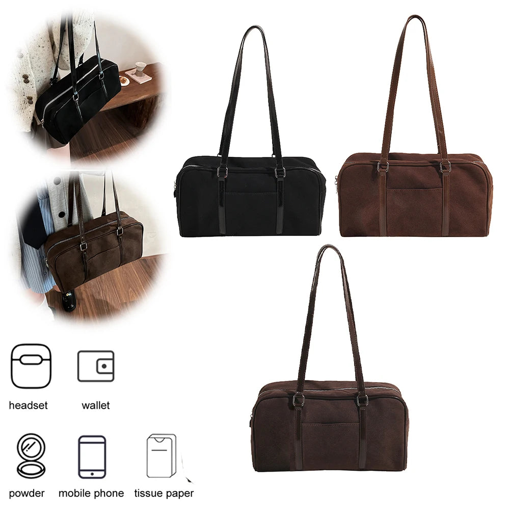 Women Faux Suede Shoulder Bag Trendy Handbag Large Capacity Small Tote Bag Zip Closure Elegant Shoulder Purse Outdoor Travel Bag