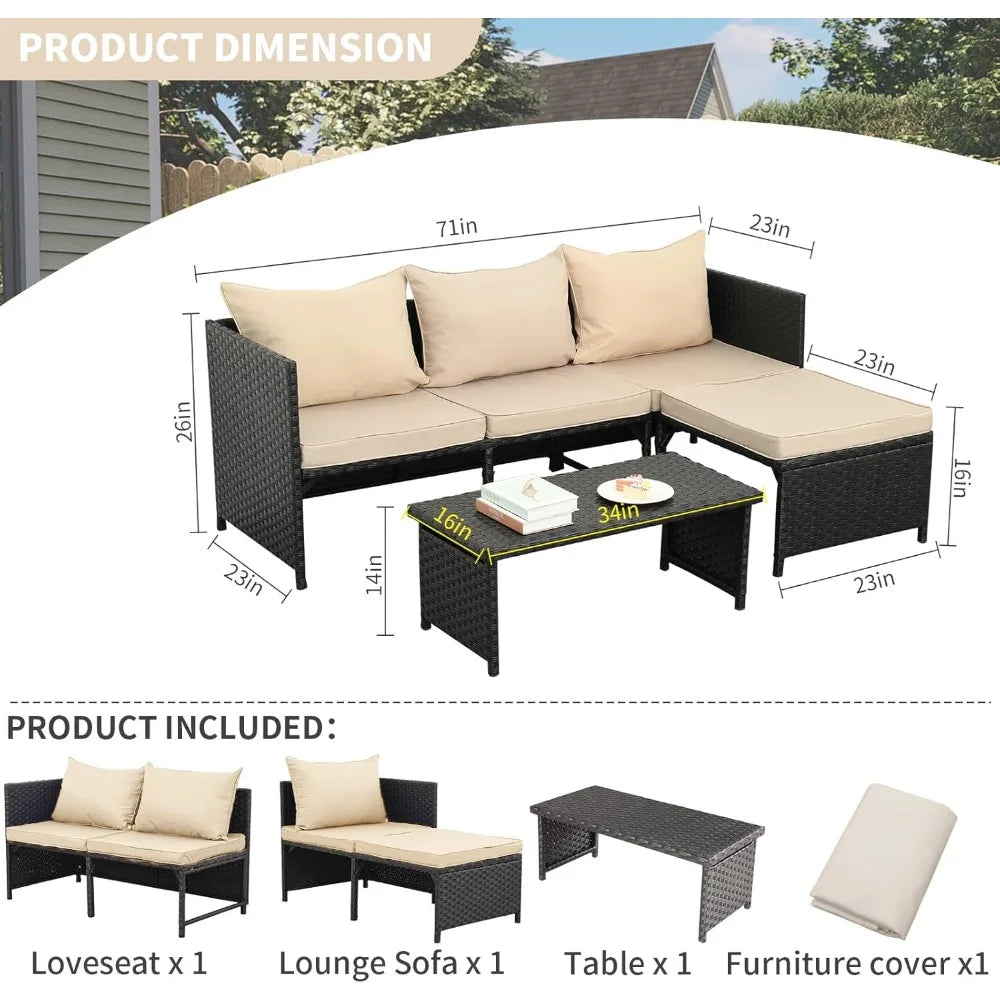 3-Piece Outdoor PE Rattan Furniture Set Patio Black Wicker Conversation Loveseat Sofa Sectional Couch Khaki Cushion