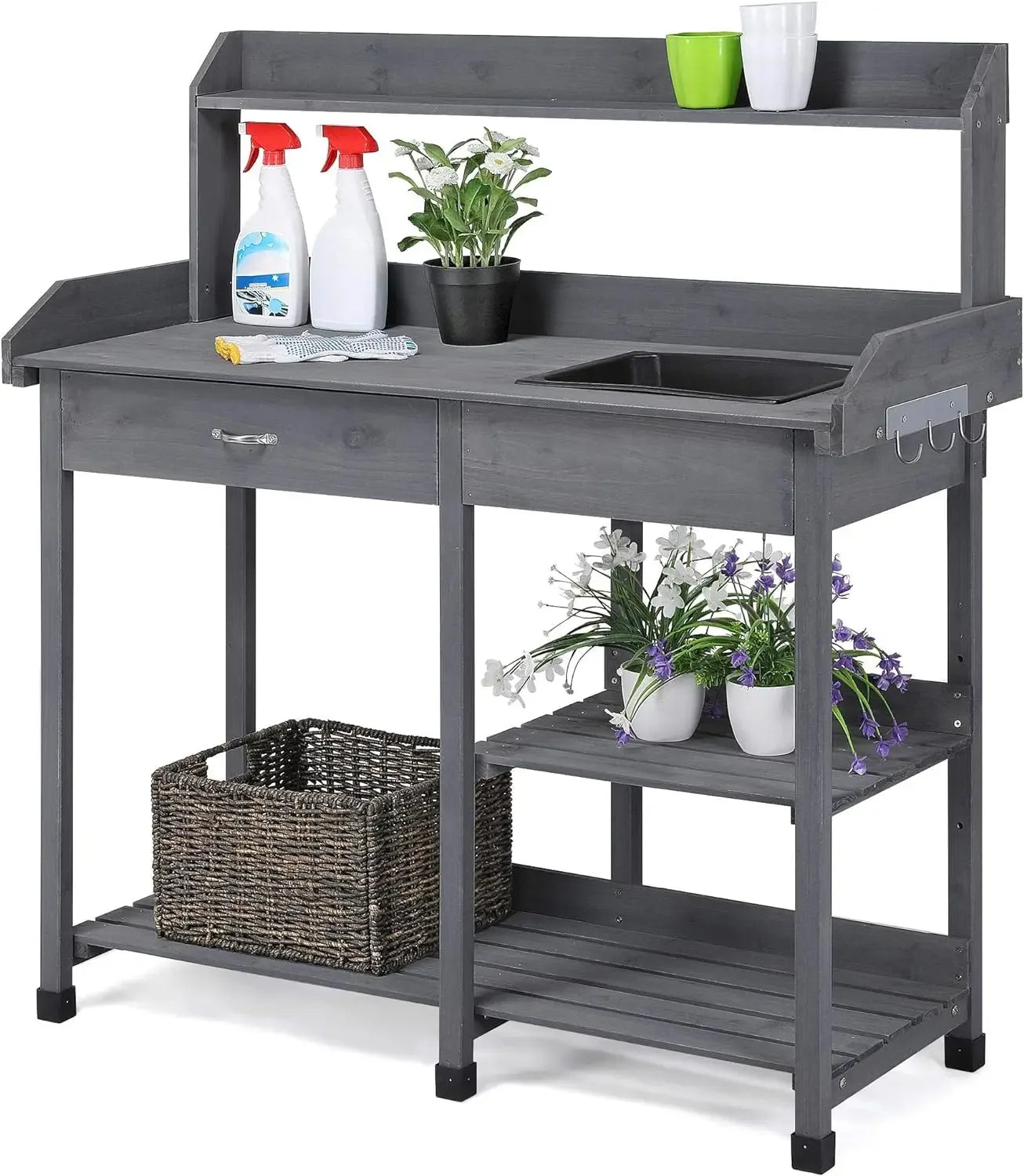 Potting Bench Outdoor Garden Work Bench Station Planting Solid Wood Construction for Horticulture W/Sink Drawer Rack Shelves