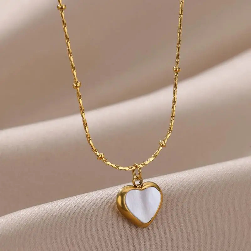 Necklace for Women Stainless Steel Heart Pendant Bead Chain Necklaces Gold Color Choker Trendy Waterproof Jewelry Accessories