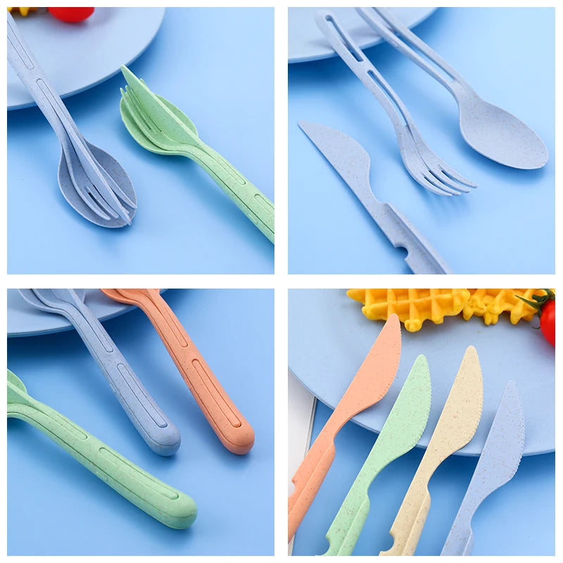 Wheat Straw Tableware Set Eco Friendly 3In1 Cutlery Picnic Tableware Office School Portable Small Dinnerware Camping Cutlery Set