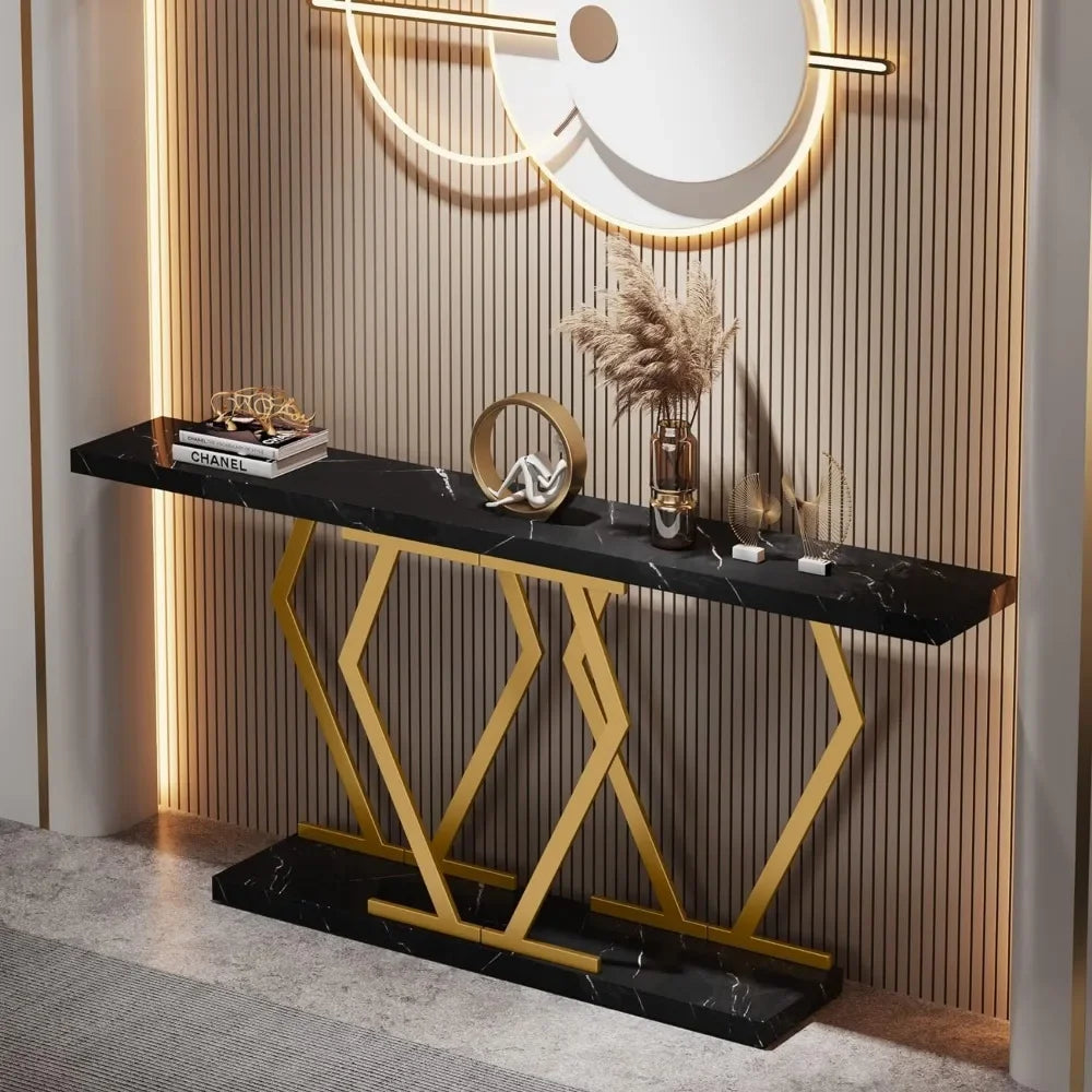 70.9 Inch Extra Long Sofa TableBlack and Gold Console Table with Faux Marble Tabletop,Modern Long Entryway Table with Gold Frame
