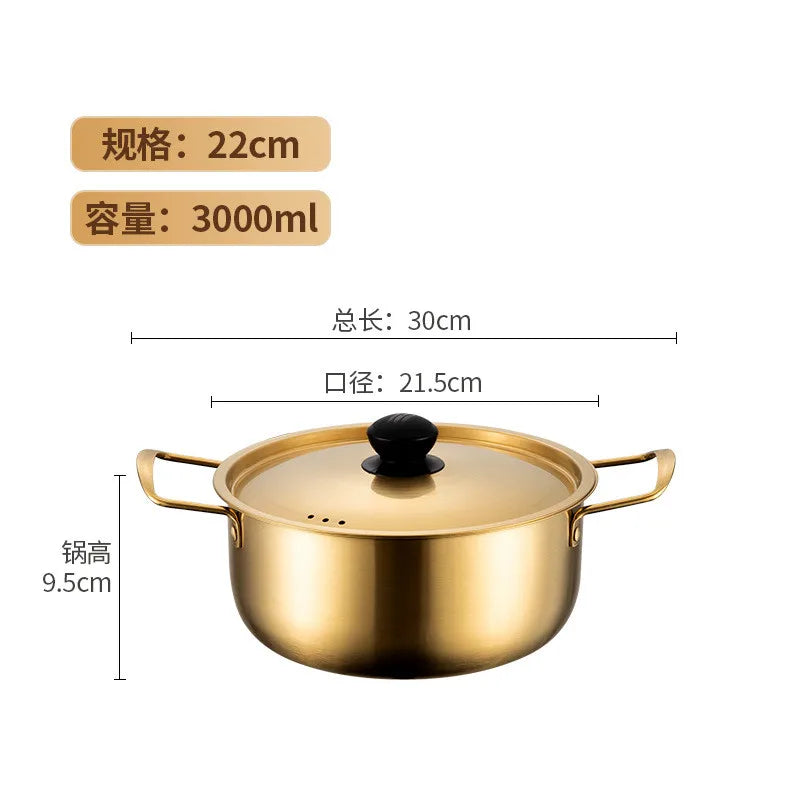 Korean Stainless Steel Instant Ramen Pot with Cover Golden Cookware Double Ears Cooking Pans Camping Noodles Pot Saucepan