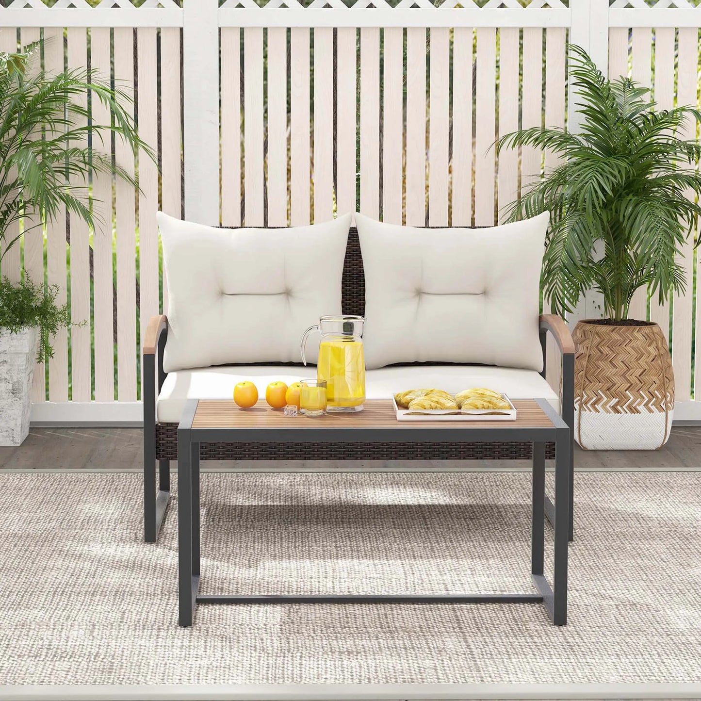 2 PCS Patio PE Wicker Furniture Set Loveseat with Acacia Wood Coffee Table Outdoor