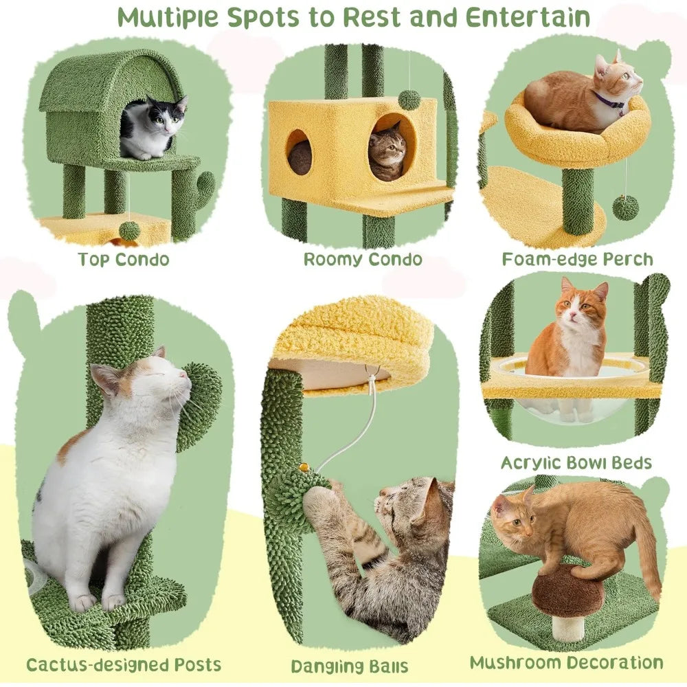 Cactus Cat Tree Large Cat Tree for Indoor Cats, Multi-Level Cat Tower with 2 Large Condo Scratching Posts 2 Acrylic Clear Bowls
