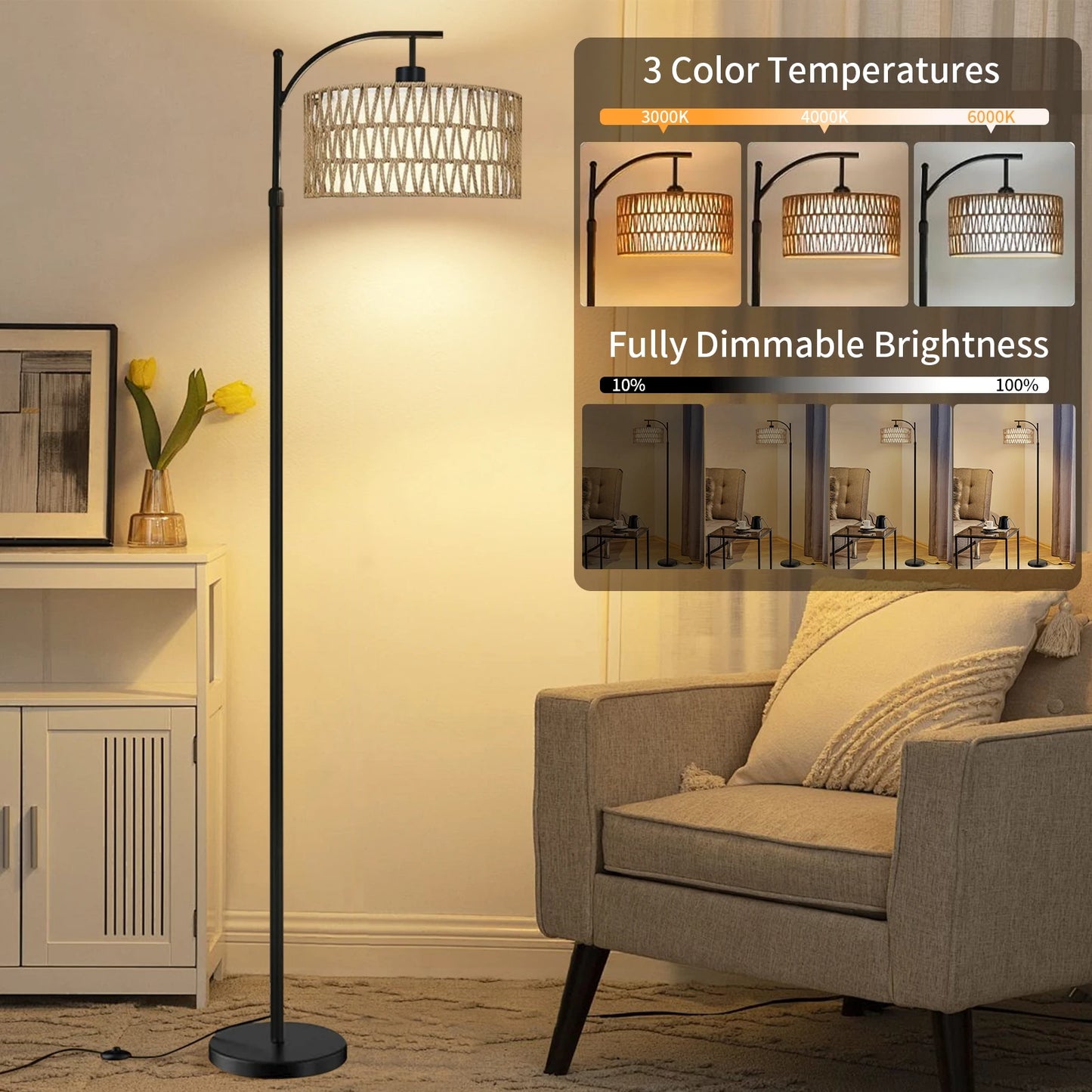 Arc Floor Lamp for Living Room Boho Standing Lamp with Rattan & Fabric Shades with 3 Color Temperature  Adjustable Tall Lamp