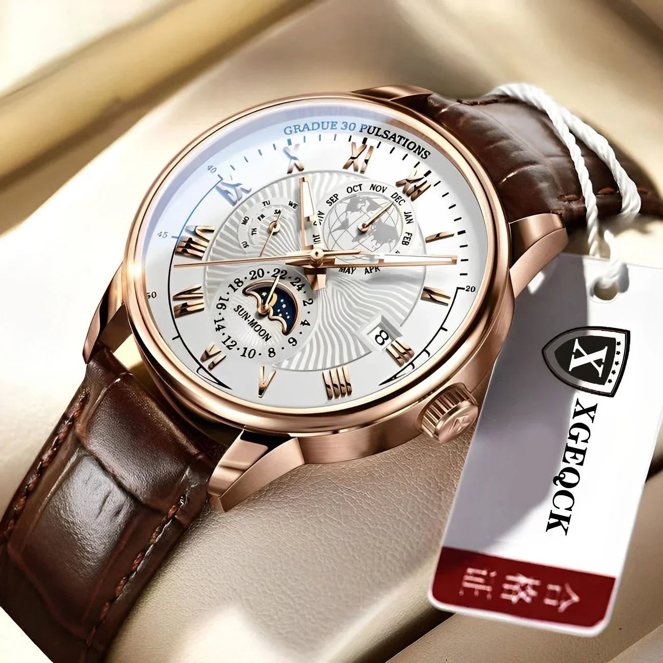 Luxury Man Watch Waterproof Chronograph Moon Phase Pattern Luminous Men's Wristwatch Leather Men Quartz Watches Casual Clock