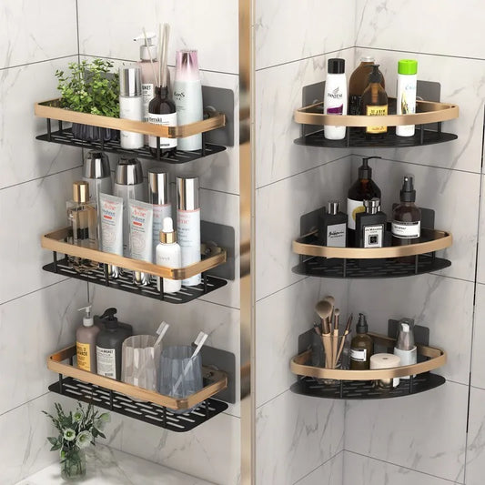 Luxury Bathroom Shelves Without Drilling Rustproof Aluminum Shower Wall Shelf Shampoo Towel Holder Bathroom Organizer Accessorie