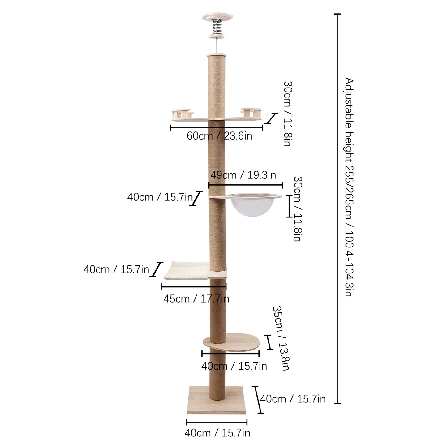 4 Tiers Cat Tree with Natural Sisal Rope Scratching Post Floor-to-Ceiling Cat Climbing Tower Adjustable Height