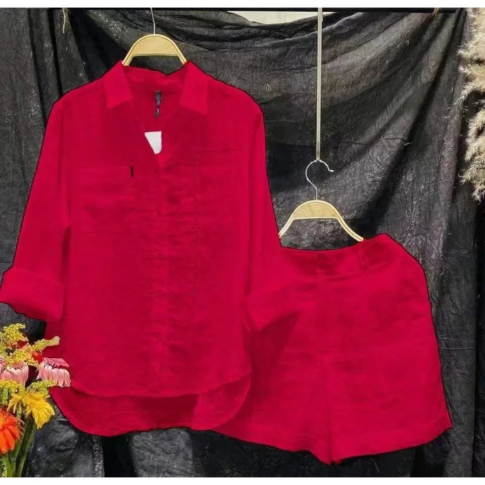 Casual Cotton And Linen Women Shirt Short Two Piece Sets Solid Color Loose Short Sleeve Top Shorts Fashion Suit Tracksuit Summer