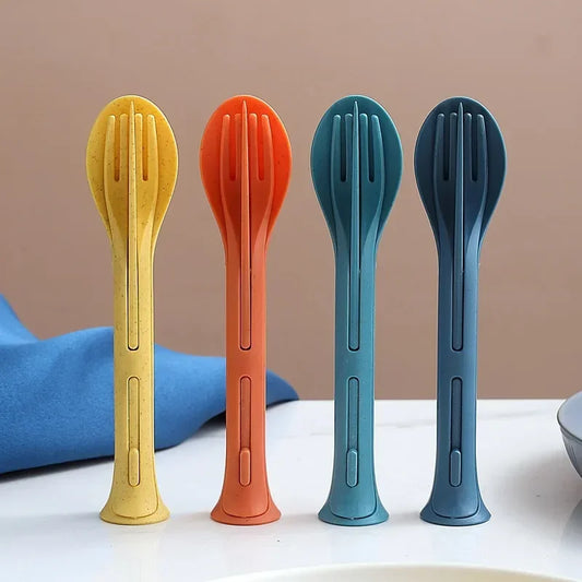 Portable Cutlery Set 3 In 1 Travel Reusable Cutlery Set Japan Style Wheat Straw Knife Fork Spoon Dinnerware Kitchen Tableware