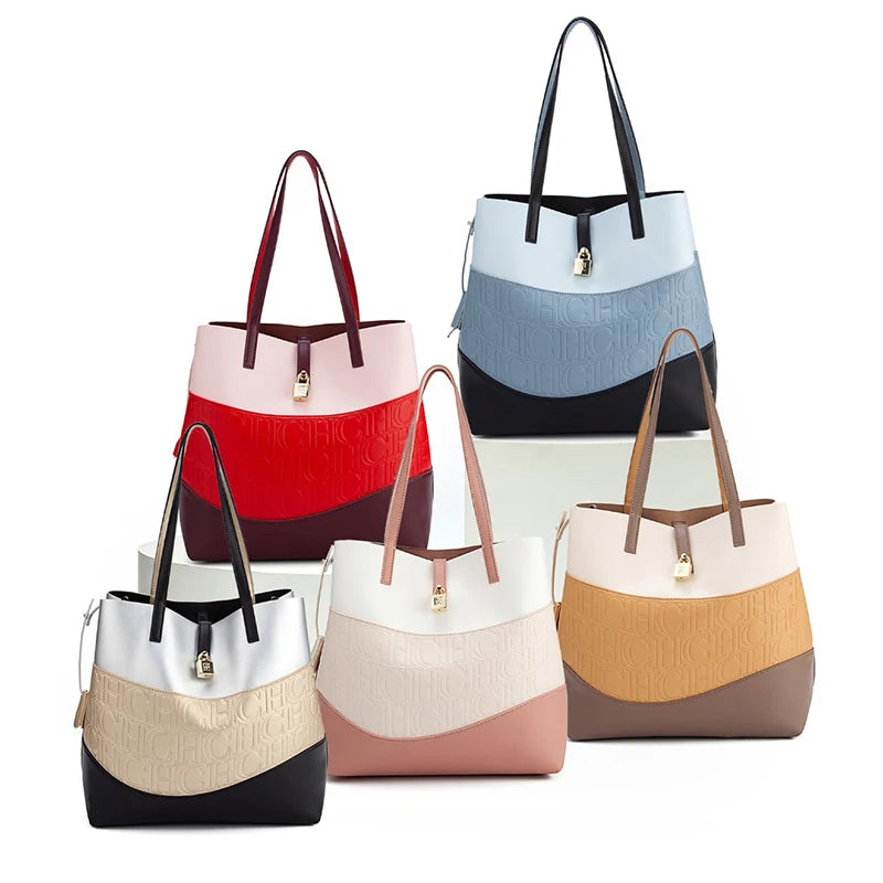 CH Versatile Trend Tote Bag Leather Solid Color Splicing Large Capacity Crossbody Bag Simple Fresh Style Commuting Shoulder Bag