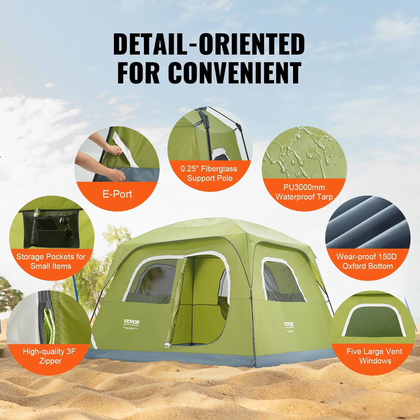 VEVOR 6 Person Outdoor Profession Fabric Tent Rainfly Waterproof Camping Tent Family Outdoor Instant Setup Tent with Carring Bag
