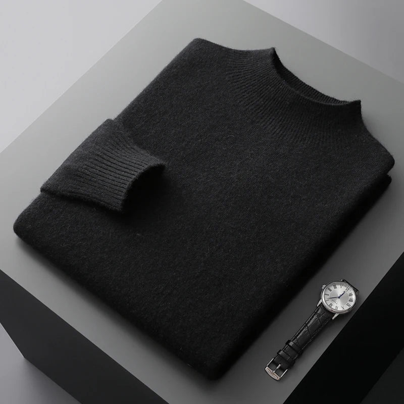 New Men's 100% Merino Wool Mock Neck Pullover Cashmere Sweater Soft Warm Jumpers Quality Casual Smart Knitwear Basic Tops Clothi