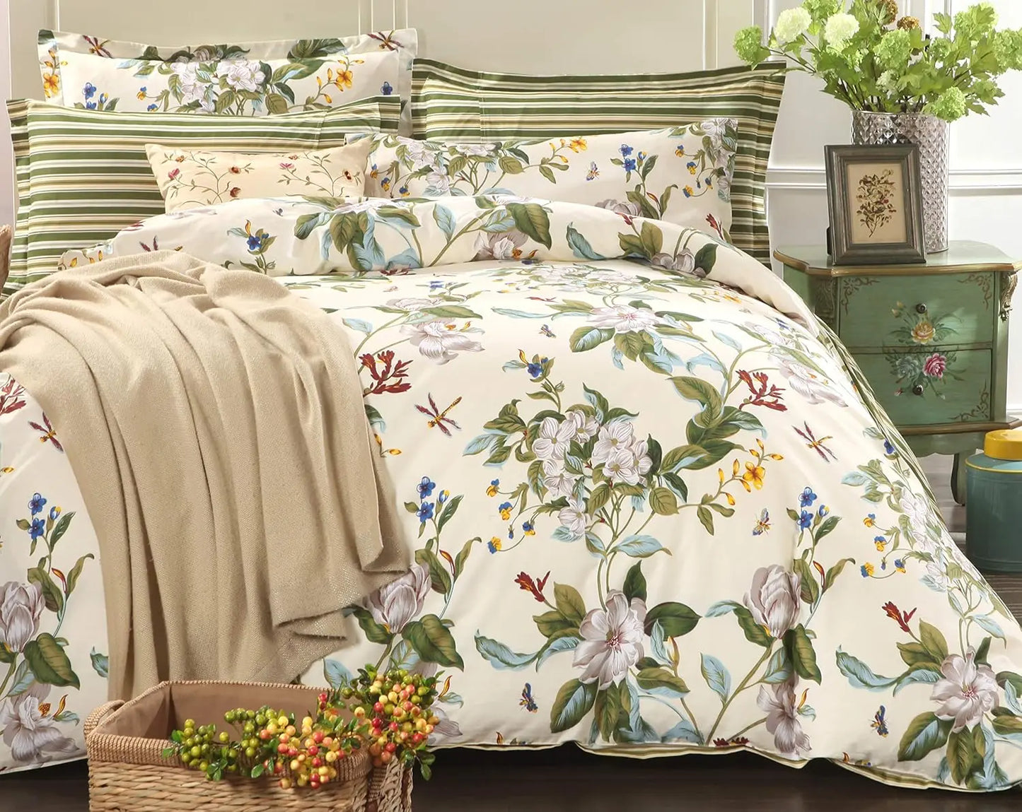 Floral Duvet Cover Queen 100% Cotton Blue Green Farmhouse Bedding Super Soft Reversible Striped Country Bed Purple Hydrangea