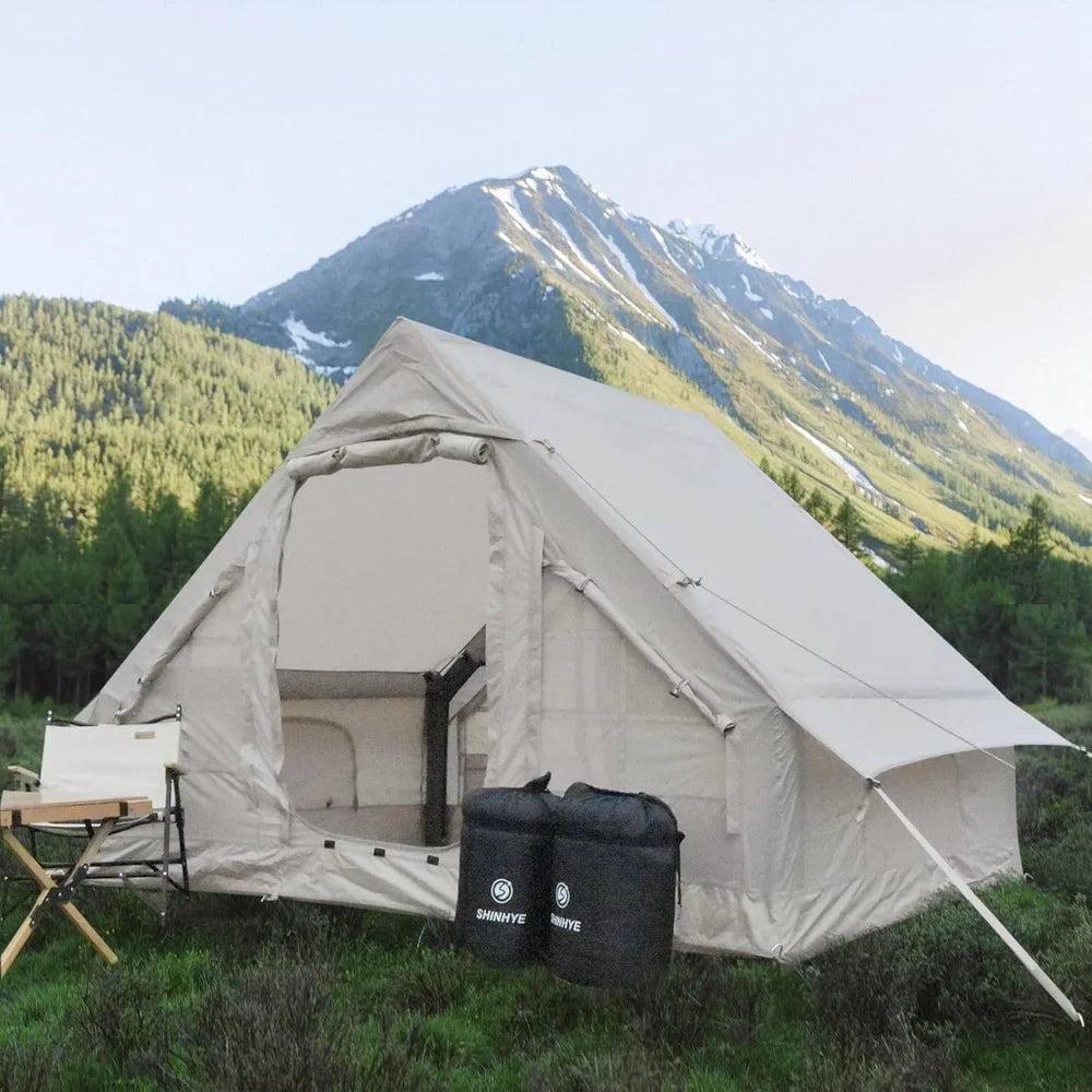 Inflatable tent with pumps, easy-to-pitch large outdoor tent, cabin tents with double mesh windows and convective double doors