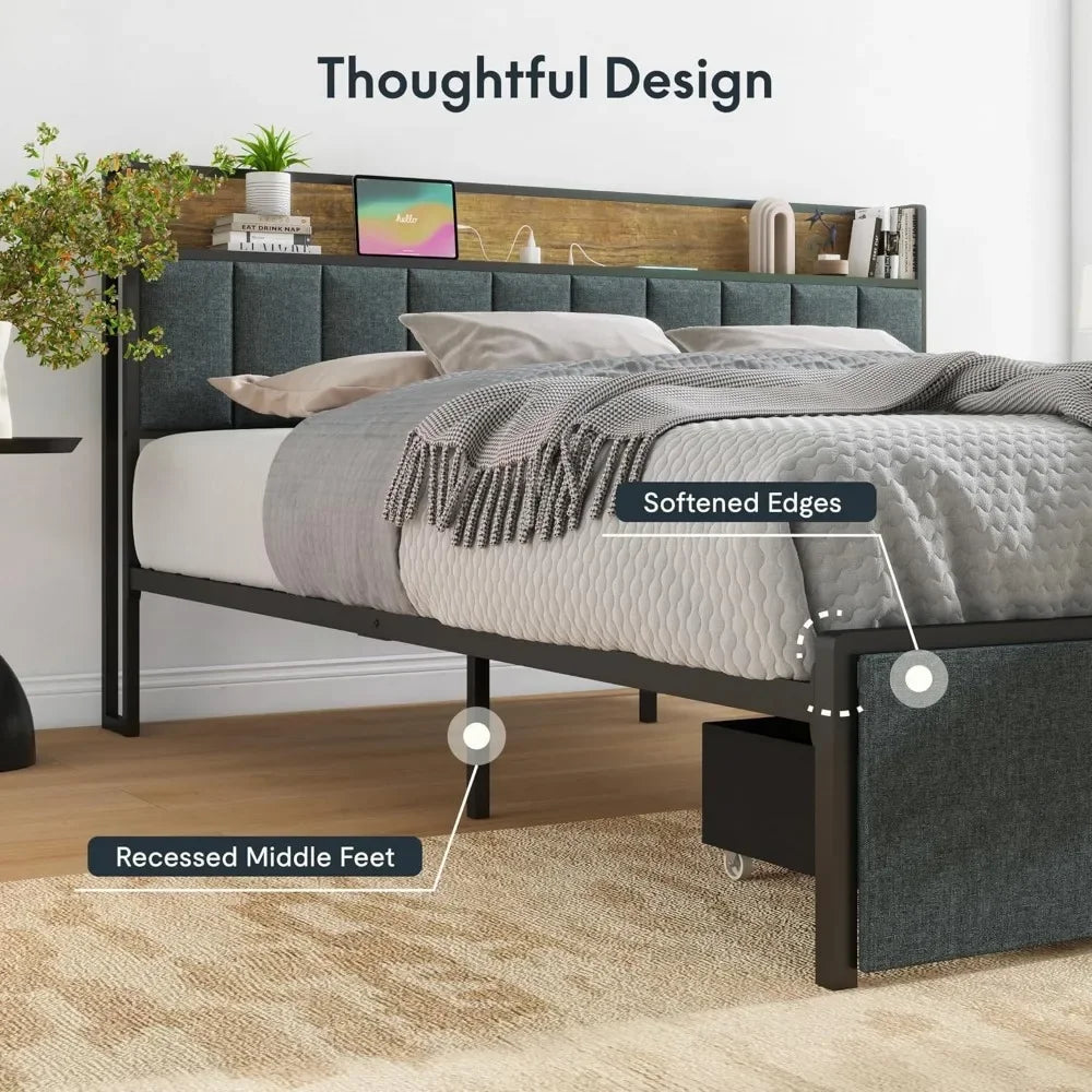 Bed Frame with Storage Headboard, Built-in Charging Station & LED Lights – Sturdy Platform Bed with Drawers