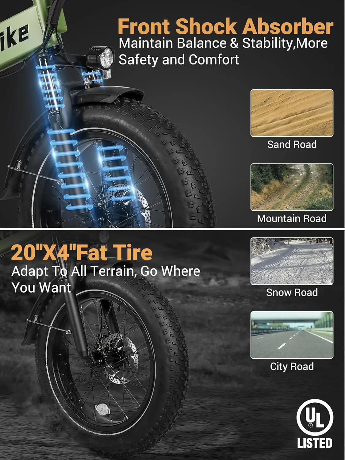 Folding Electric Bike Adults,500W Motor (Peak 720W) Ebike with 20" x 4.0" Fat Tire,48V 10.4Ah Removable Battery Hidden,Electric