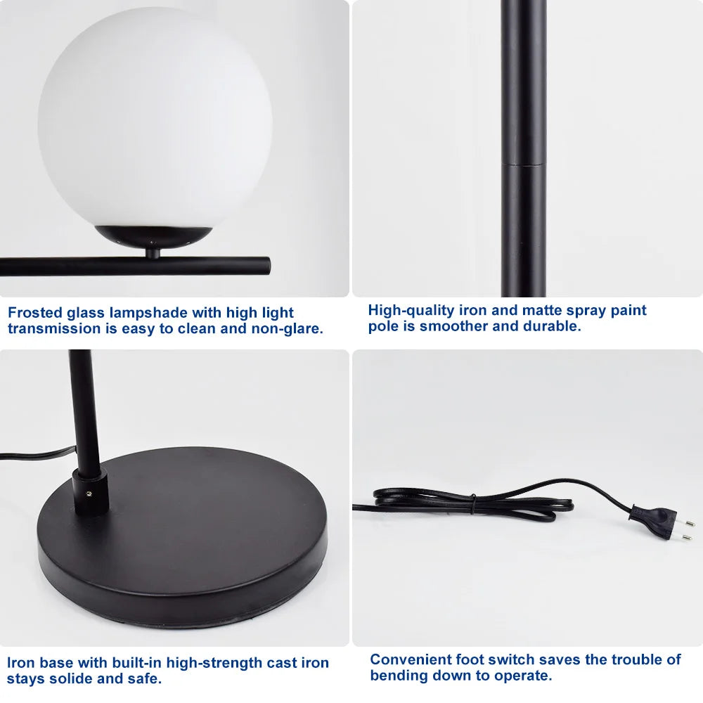 Depuley Modern Frosted Glass Globe LED Floor Lamp Pole Standing Lamp for Bedroom Living Room Energy Saving Luminaire Black 9W