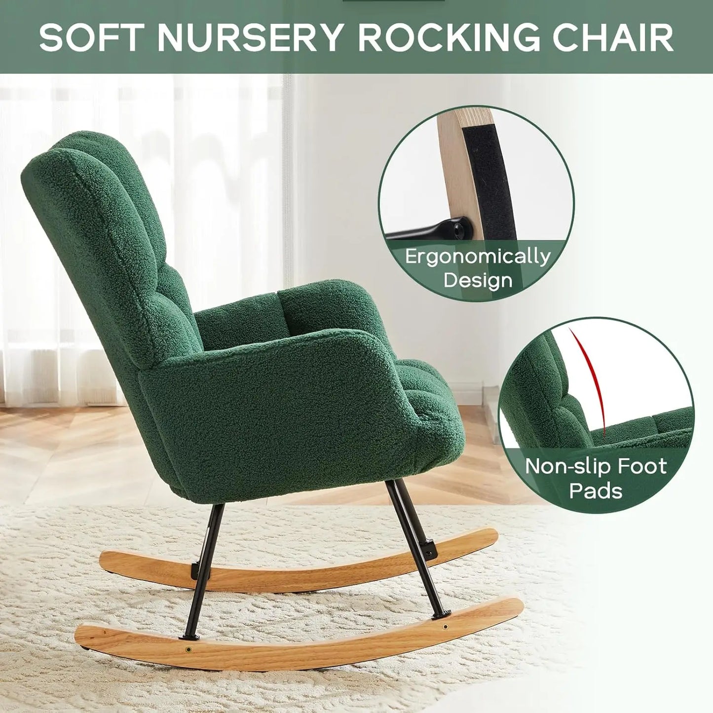 Modern Nursery Rocking Chair, Upholstered Glider Chair with High Backrest, Rocker Accent Armchair with Solid Wood Legs