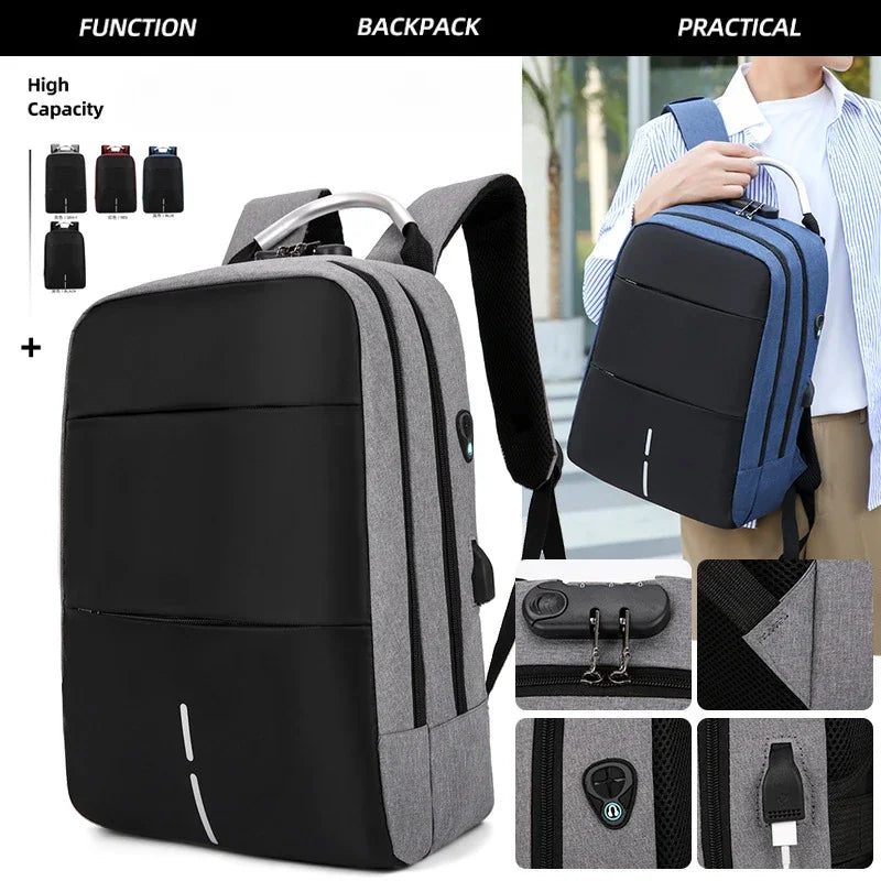 Men's Waterproof Patchwork Backpack Fashion Password Lock Anti-theft USB Travel Sports Charging Business Computer