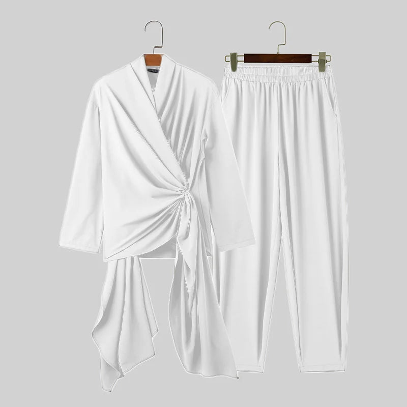 INCERUN 2024 Korean Style Men Simple Elegant Sets Leisure Irregular Solid Long Sleeved Tops Pants Streetwear Suit 2 Pieces S-5XL