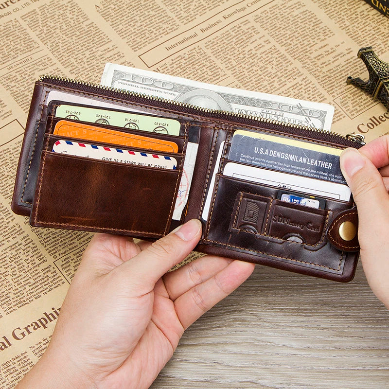 CONTACT'S Genuine Cowhide Leather Men Wallet Short Coin Purse Small Retro Compact Wallets  High Quality Multi-functional Luxury