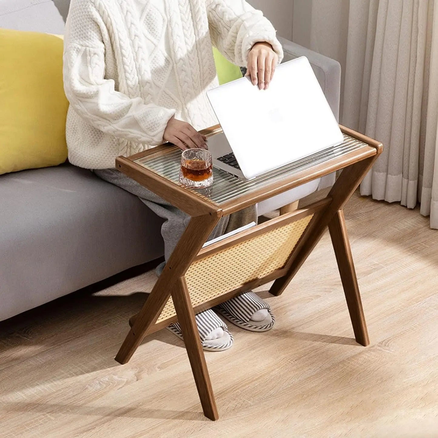 Rattan End Table with Magazine Rack Glass-top Bamboo Sofa Side Table Bedside Z Shaped Coffee Table for Bedroom Living Room Small