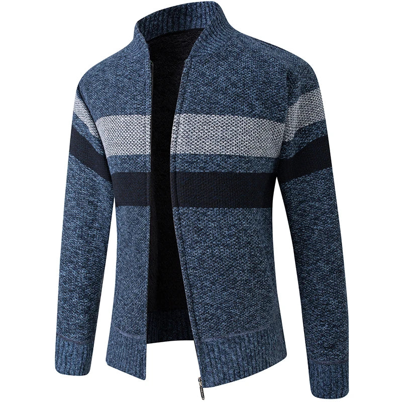 New Fashion Striped Knitted Cardigan Men Winter Fleece Warm Sweater Jacket Mens Daily Casual Knitting Sweater Men Slim Cardigans