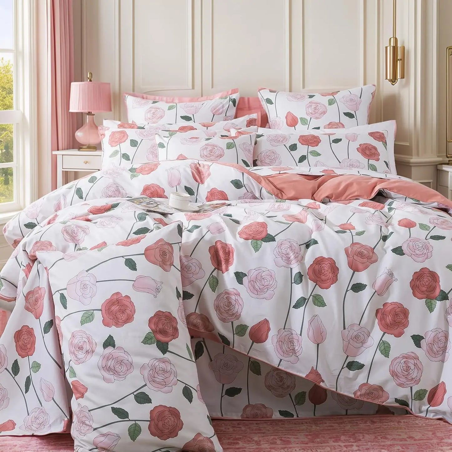 Floral Duvet Cover Queen 100% Cotton Blue Green Farmhouse Bedding Super Soft Reversible Striped Country Bed Purple Hydrangea