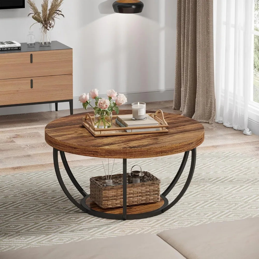 Round Coffee Table, 31.7" Wooden 2-Tier Circle Coffee Table with Storage Shelves, Modern Accent Cocktail Table Center Table