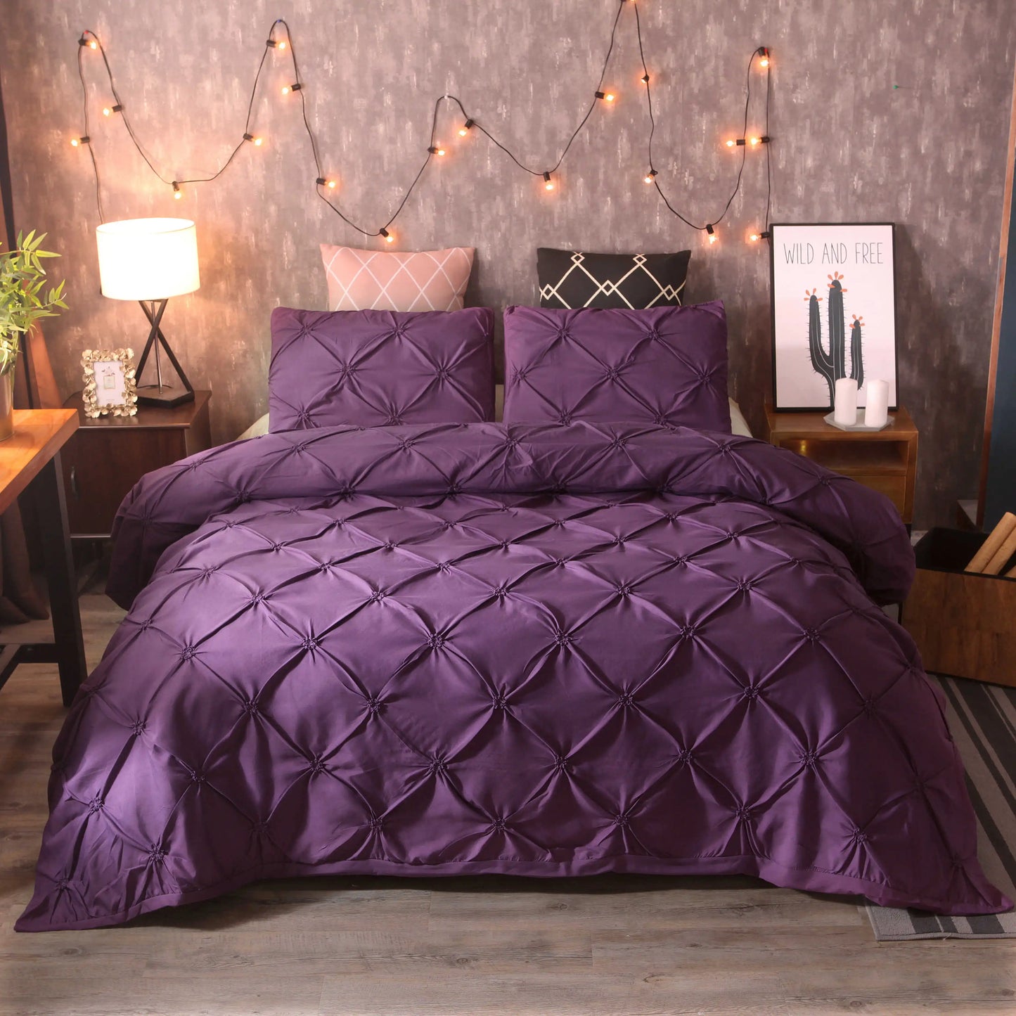 100% Egyptian Cotton Pinch Pleated Textured 3 Piece Duvet Cover with Zipper Closure & Corner Ties Bedding Set with Pillowcase