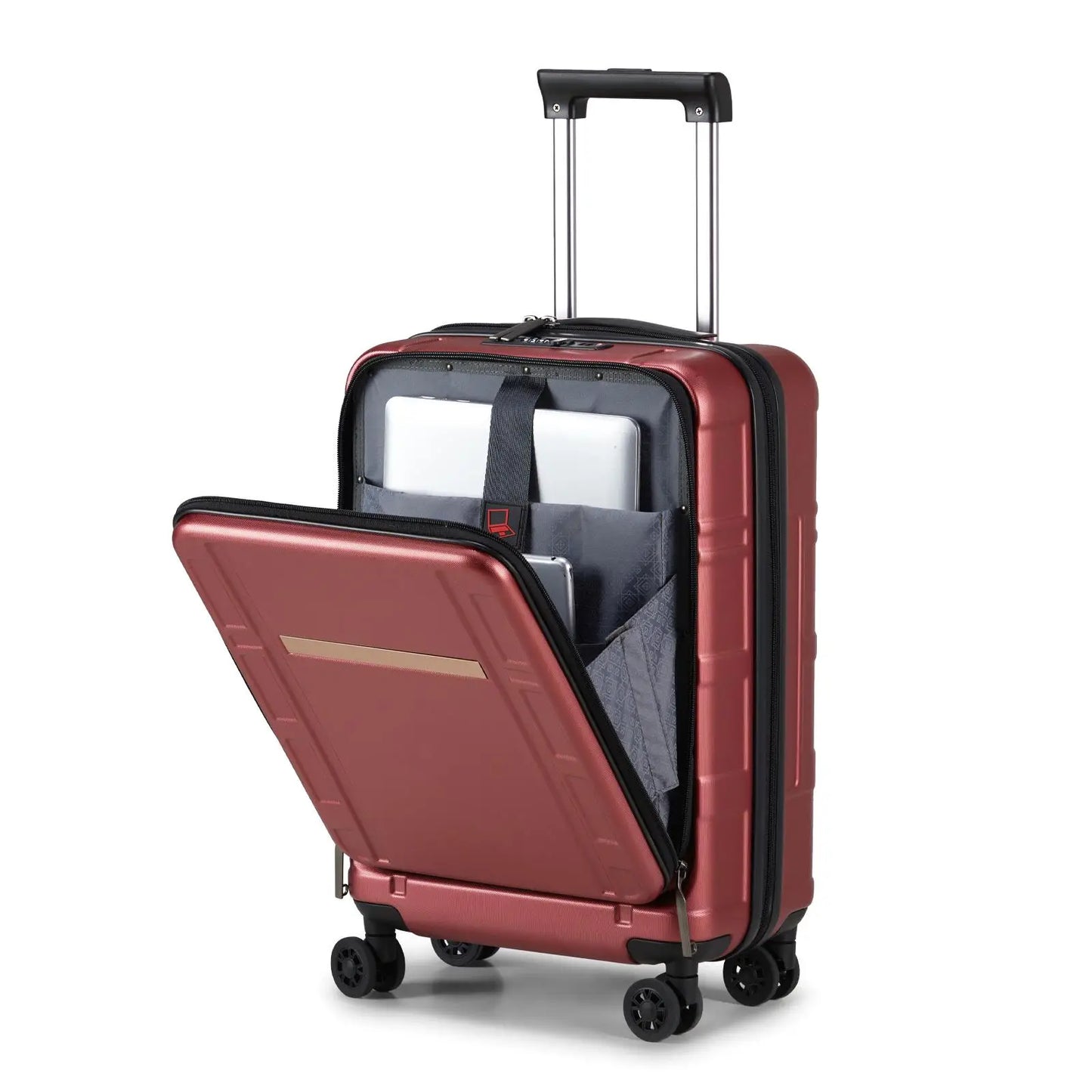20-Inch Carry-On Luggage, 22x14x9 Airline Approved, ABS+PC, Front Compartment, Double Spinner Wheels, TSA Lock - Wine Red