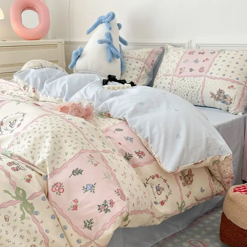 Cute Bear Duvet Cover Set with Zipper Pink Heart Bed Sheet Pillowcases No Filler Twin Queen Size Girls Boys Gift Bedding Set