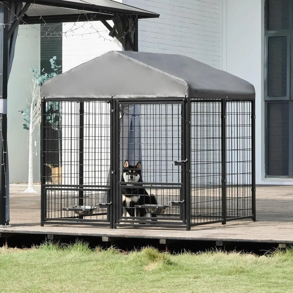 Dog Kennel Outdoor with Roof and Rotating Bowl Holders, Large Metal Dog Enclosure, Heavy Duty Dog House Built