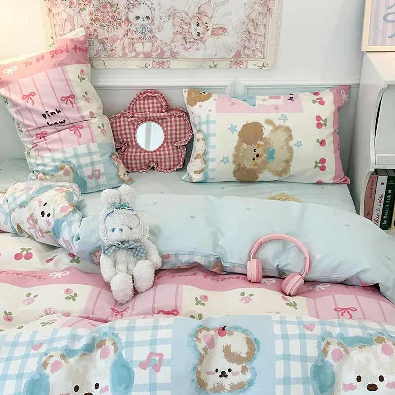 Cute Bear Duvet Cover Set with Zipper Pink Heart Bed Sheet Pillowcases No Filler Twin Queen Size Girls Boys Gift Bedding Set